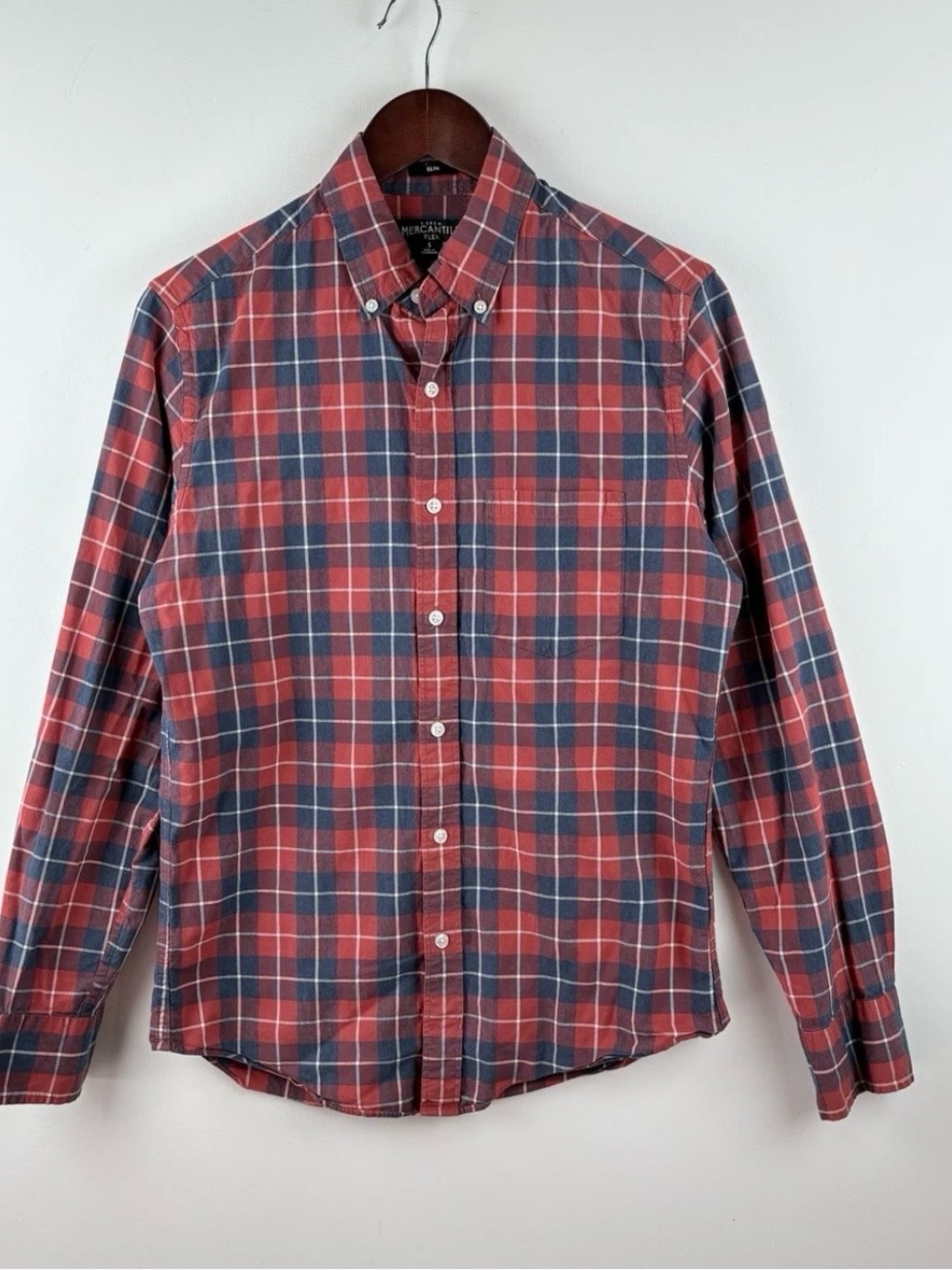 J.CREW Men's Long Sleeve Shirt Red Blue Plaid Slim Fit Button Up Work Business S